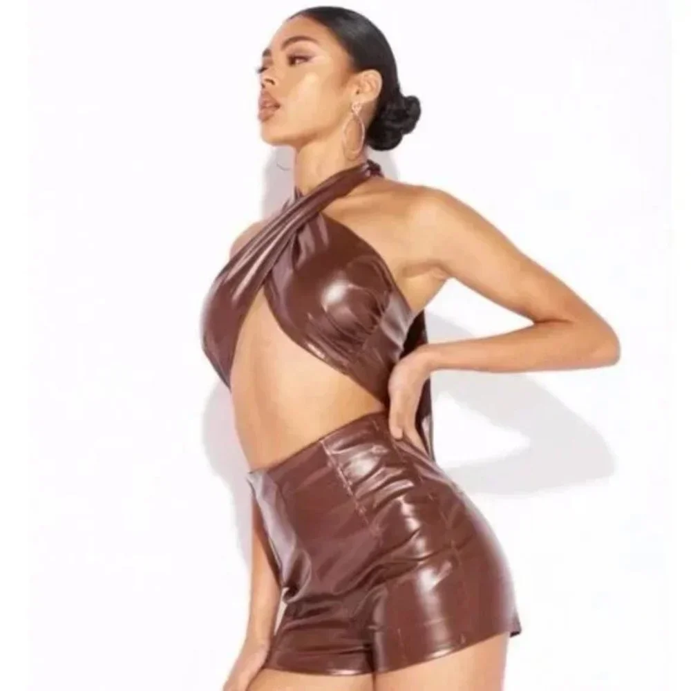 Brown Faux Leather Vegan Leather Sleeveless Halter Neck Open Back Crop Top - Picture 5 of 13